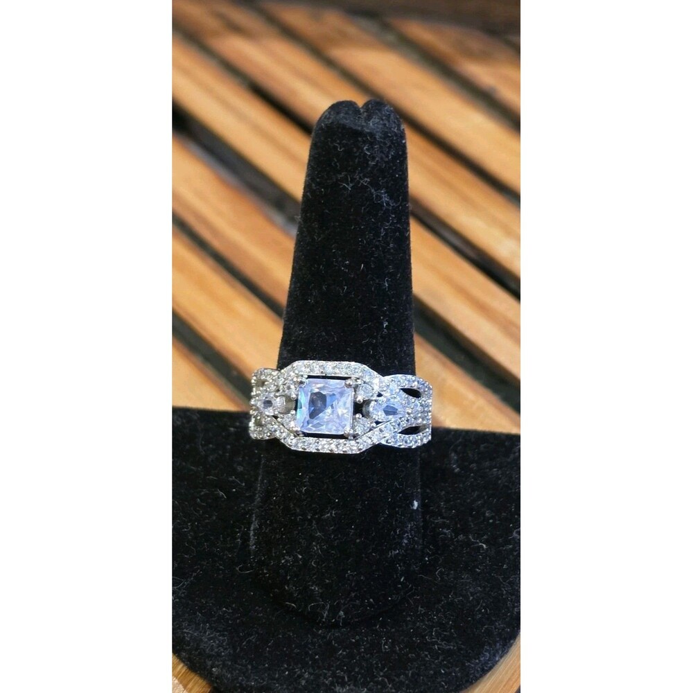 925 Sterling Silver Princess Halo CZ Statement Split Shank Vintage Ring